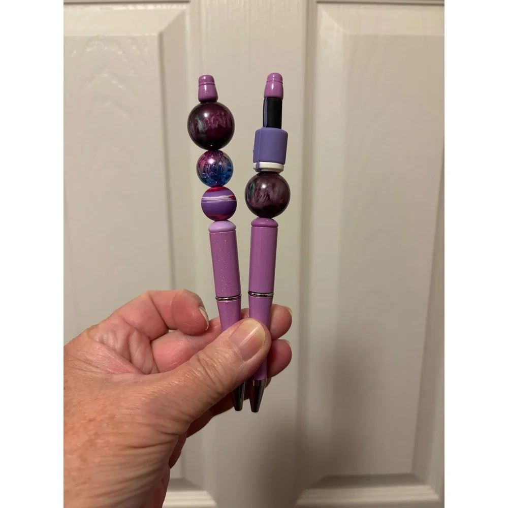 Handmade Beaded Ballpoint Pens Purple Marbled Polish Charm 2 Piece Set